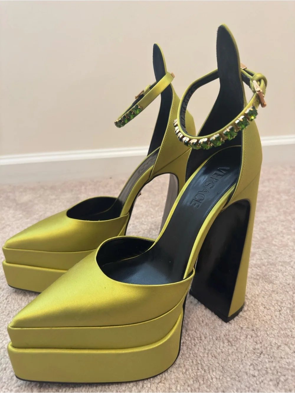 Versace Olive Green Platform Ankle-Strap Pumps with Embellished Buckle